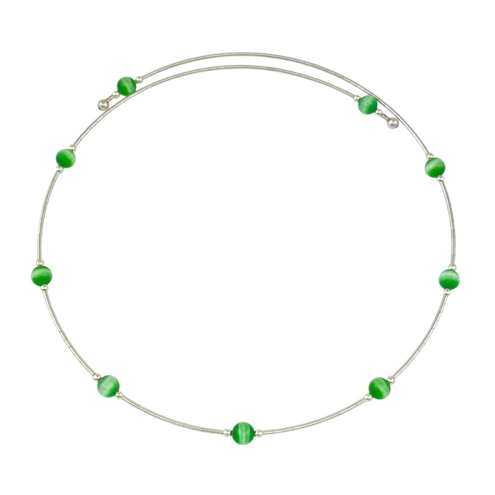 Green Cat’s Eye Tension Wire Necklace | Estate Sterling Silver | 16"